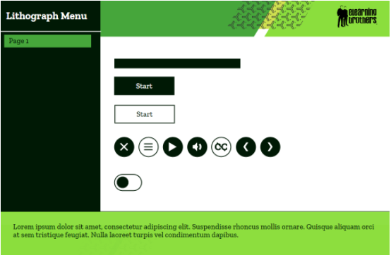 eLearning course template in green, showing styled buttons and progress indicator